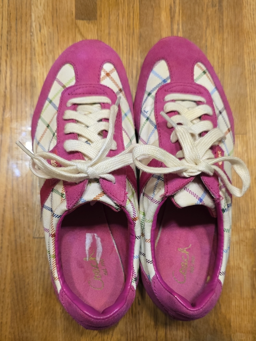 COACH Women's Pink Plaid Lace-Up Sneakers